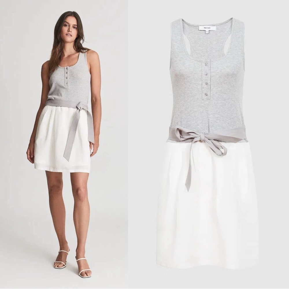 REISS • Zeta Mini Dress grey white linen drop tie waist sleeveless colorblock